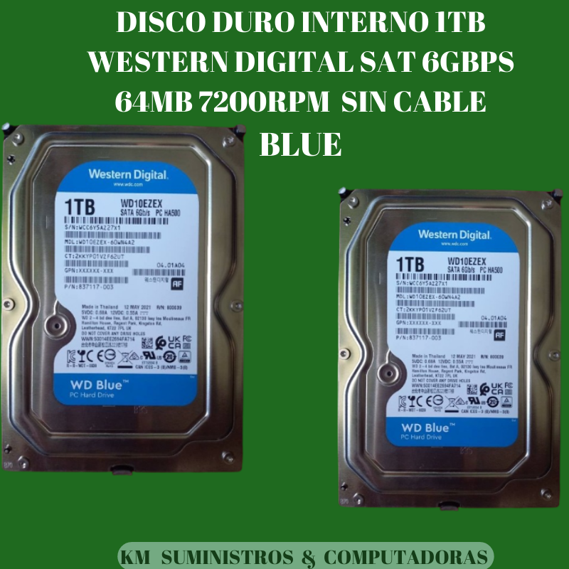 DISCO DURO INTERNO 1TB WESTERN DIGITAL SAT 6GBPS 64MB 7200RPM SIN CABLE